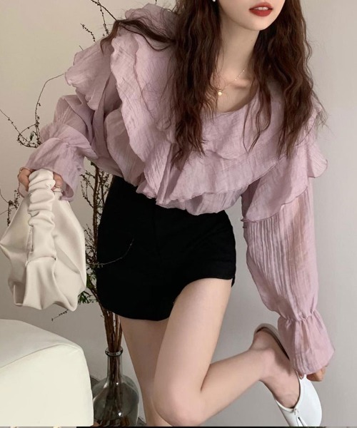SallyLunn(サリーラン)の「フリルVネックブラウス(シャツ/ブラウス・レディース・ホワイト/ピンク・MEDIUM/LARGE)」の3枚目の写真