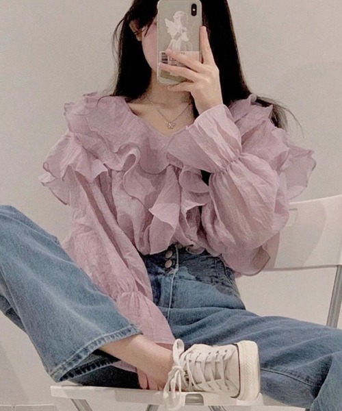 SallyLunn(サリーラン)の「フリルVネックブラウス(シャツ/ブラウス・レディース・ホワイト/ピンク・MEDIUM/LARGE)」の8枚目の写真