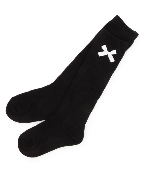 KP DECO（ケーピーデコ）の「リボン ハイソックス（ソックス/靴下・キッズ・ブラック/オフホワイト・16cm/18cm/20cm/22cm）」の2枚目の写真