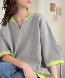 《JaVaジャバコラボ》今っぽさは、色でつくる。オーバーサイズ配色リブワッフルプルオーバー(半袖)