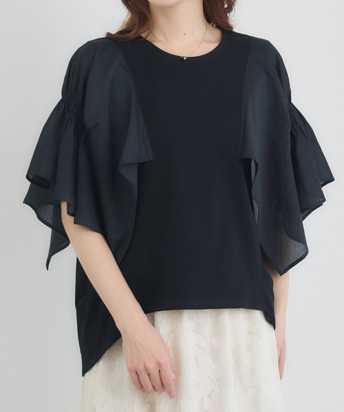 KATHARINE ROSS(キャサリンロス)の「【抗菌・防油・防汚・防水】フレアスリーブ 半袖Tシャツ(Tシャツ/カットソー・レディース・ホワイト/ブラック・FREE)」の6枚目の写真