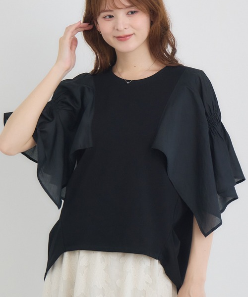 KATHARINE ROSS(キャサリンロス)の「【抗菌・防油・防汚・防水】フレアスリーブ 半袖Tシャツ(Tシャツ/カットソー・レディース・ホワイト/ブラック・FREE)」の3枚目の写真