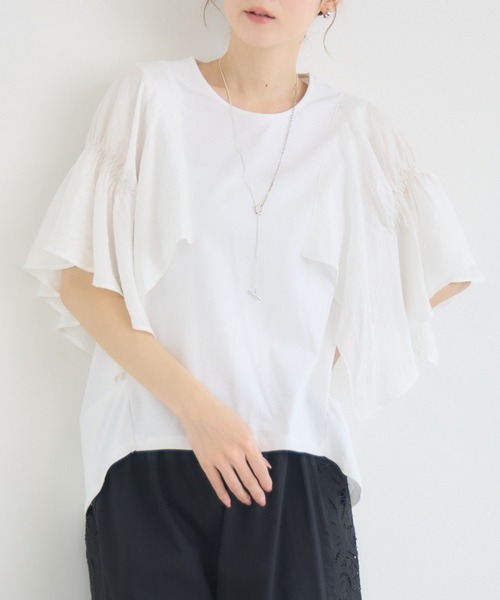 KATHARINE ROSS(キャサリンロス)の「【抗菌・防油・防汚・防水】フレアスリーブ 半袖Tシャツ(Tシャツ/カットソー・レディース・ホワイト/ブラック・FREE)」の4枚目の写真