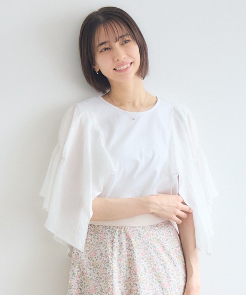 KATHARINE ROSS(キャサリンロス)の「【抗菌・防油・防汚・防水】フレアスリーブ 半袖Tシャツ(Tシャツ/カットソー・レディース・ホワイト/ブラック・FREE)」の8枚目の写真