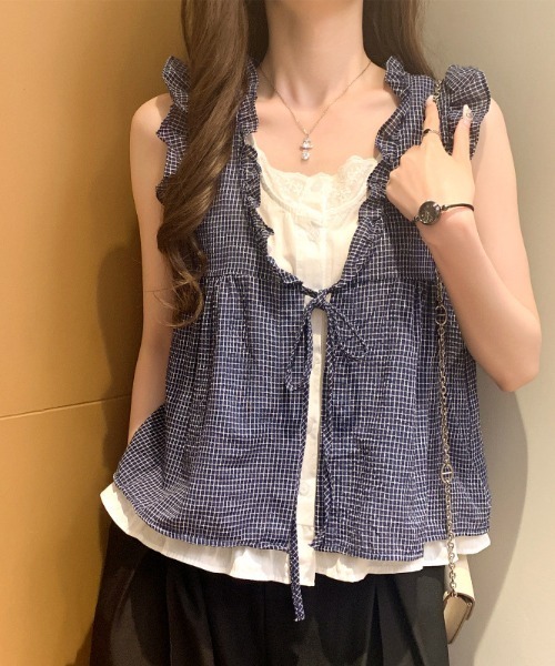 LAC-VERT(ラック・ヴェール)の「レイヤード風フリルトップス(Tシャツ/カットソー・レディース・ネイビー/アイボリー/ブラック・FREE)」の16枚目の写真
