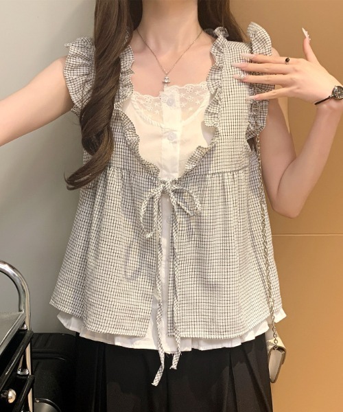 LAC-VERT(ラック・ヴェール)の「レイヤード風フリルトップス(Tシャツ/カットソー・レディース・ネイビー/アイボリー/ブラック・FREE)」の6枚目の写真