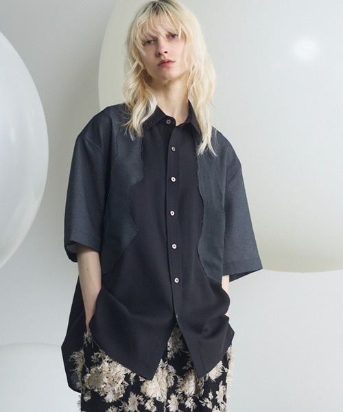 UNISEX》Sheer ZIGZAG Switching Prime-Over Short Sleeve Shirt