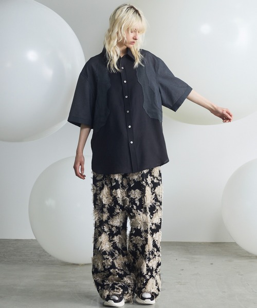 UNISEX》Sheer ZIGZAG Switching Prime-Over Short Sleeve Shirt