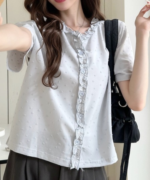 Ada.(エイダ)の「立体ドット柄 フリル前立て クルーネック 半袖 カットソー(Tシャツ/カットソー・レディース・ピンク/ブルー/アイボリー/ブラック・FREE)」の14枚目の写真