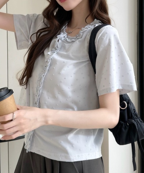 Ada.(エイダ)の「立体ドット柄 フリル前立て クルーネック 半袖 カットソー(Tシャツ/カットソー・レディース・ピンク/ブルー/アイボリー/ブラック・FREE)」の17枚目の写真