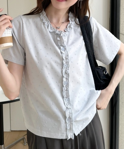 Ada.(エイダ)の「立体ドット柄 フリル前立て クルーネック 半袖 カットソー(Tシャツ/カットソー・レディース・ピンク/ブルー/アイボリー/ブラック・FREE)」の15枚目の写真