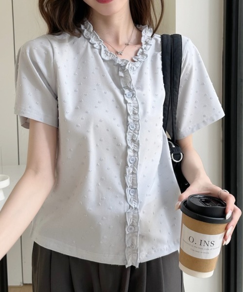 Ada.(エイダ)の「立体ドット柄 フリル前立て クルーネック 半袖 カットソー(Tシャツ/カットソー・レディース・ピンク/ブルー/アイボリー/ブラック・FREE)」の13枚目の写真