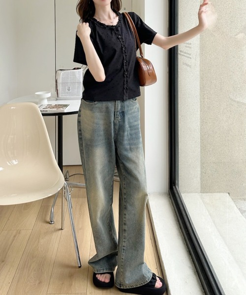 Ada.(エイダ)の「立体ドット柄 フリル前立て クルーネック 半袖 カットソー(Tシャツ/カットソー・レディース・ピンク/ブルー/アイボリー/ブラック・FREE)」の12枚目の写真
