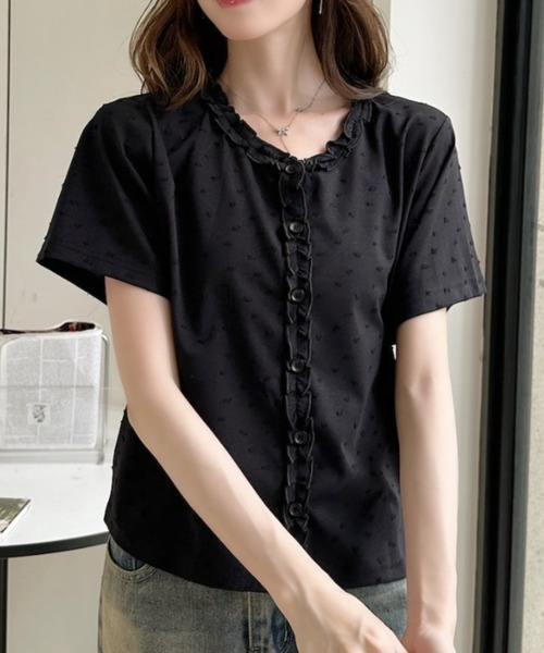 Ada.(エイダ)の「立体ドット柄 フリル前立て クルーネック 半袖 カットソー(Tシャツ/カットソー・レディース・ピンク/ブルー/アイボリー/ブラック・FREE)」の9枚目の写真