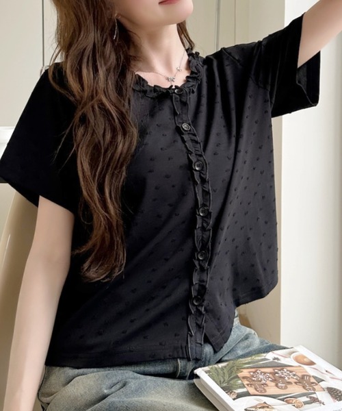 Ada.(エイダ)の「立体ドット柄 フリル前立て クルーネック 半袖 カットソー(Tシャツ/カットソー・レディース・ピンク/ブルー/アイボリー/ブラック・FREE)」の10枚目の写真