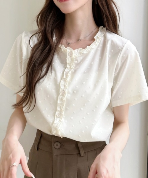Ada.(エイダ)の「立体ドット柄 フリル前立て クルーネック 半袖 カットソー(Tシャツ/カットソー・レディース・ピンク/ブルー/アイボリー/ブラック・FREE)」の5枚目の写真