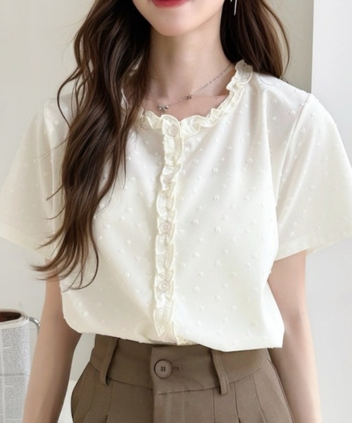 Ada.(エイダ)の「立体ドット柄 フリル前立て クルーネック 半袖 カットソー(Tシャツ/カットソー・レディース・ピンク/ブルー/アイボリー/ブラック・FREE)」の6枚目の写真