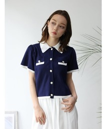 衿付き配色ニットトップス