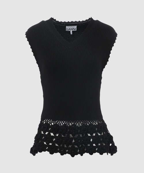 GANNI(ガニー)の「Fine Cotton Rib Crochet Vest(ベスト・レディース・ブラック・S/M)」の1枚目の写真