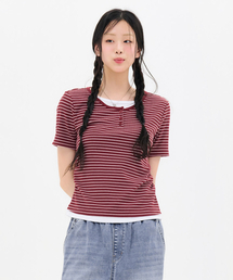 レディースストライプレイヤード半袖Tシャツ-FBRG5874D0R