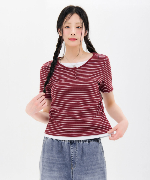 CHASECULT（チェイスカルト）の「レディースストライプレイヤード半袖Tシャツ-FBRG5874D0R（Tシャツ/カットソー・レディース・バーガンディー・85/90）」の2枚目の写真
