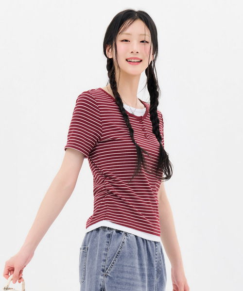 CHASECULT（チェイスカルト）の「レディースストライプレイヤード半袖Tシャツ-FBRG5874D0R（Tシャツ/カットソー・レディース・バーガンディー・85/90）」の3枚目の写真
