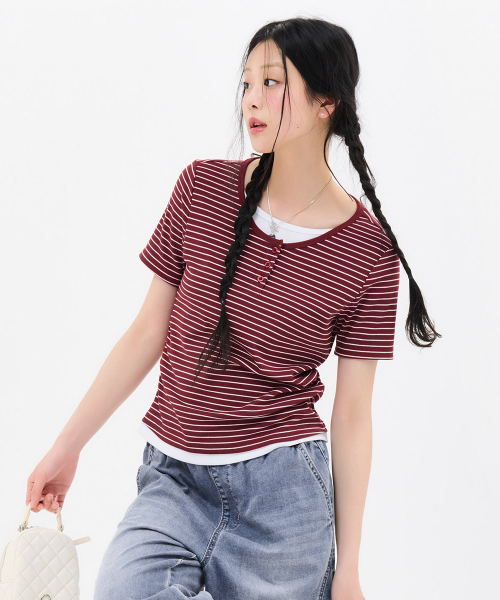 CHASECULT（チェイスカルト）の「レディースストライプレイヤード半袖Tシャツ-FBRG5874D0R（Tシャツ/カットソー・レディース・バーガンディー・85/90）」の4枚目の写真