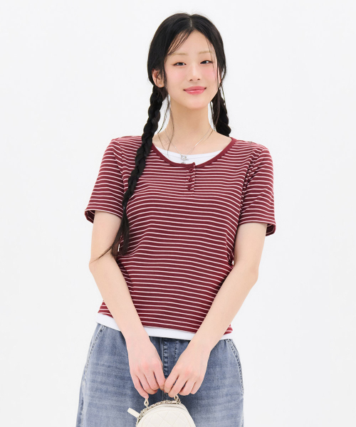 CHASECULT（チェイスカルト）の「レディースストライプレイヤード半袖Tシャツ-FBRG5874D0R（Tシャツ/カットソー・レディース・バーガンディー・85/90）」の5枚目の写真