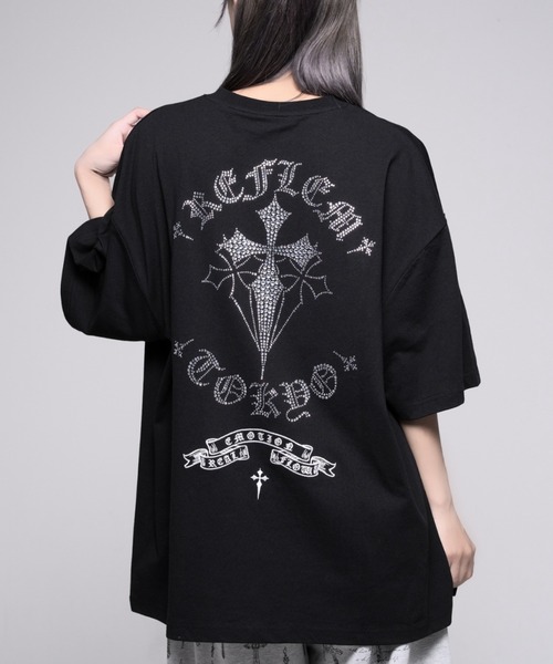 REFLEM クロスラインストーン T‑shirt / Harf sleeve Rib cut ソー (футболка REFLEM с поперечной линией страз)