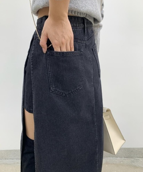 BIRTHDAY BASH（バースデイバッシュ）の「DENIM SLIT SKIRT in SHORT PANTS（デニムスリットスカートインショートパンツ）（スカート・レディース・ブルー/ブラック・SMALL/MEDIUM/LARGE）」の11枚目の写真