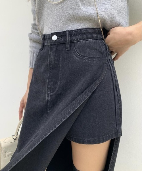 BIRTHDAY BASH（バースデイバッシュ）の「DENIM SLIT SKIRT in SHORT PANTS（デニムスリットスカートインショートパンツ）（スカート・レディース・ブルー/ブラック・SMALL/MEDIUM/LARGE）」の12枚目の写真