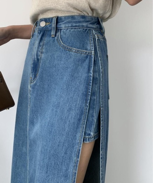 BIRTHDAY BASH（バースデイバッシュ）の「DENIM SLIT SKIRT in SHORT PANTS（デニムスリットスカートインショートパンツ）（スカート・レディース・ブルー/ブラック・SMALL/MEDIUM/LARGE）」の8枚目の写真