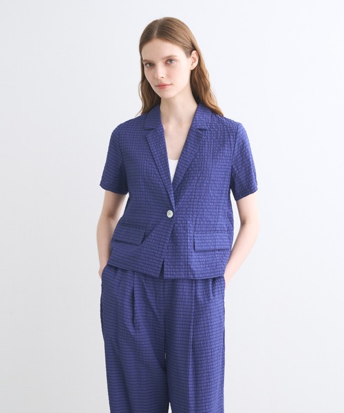 three dots（スリードッツ）の「ヴェールプレイド ショートスリーブジャケット（テーラードジャケット・レディース・ブラック/オフホワイト/ブルー・SMALL）」の3枚目の写真