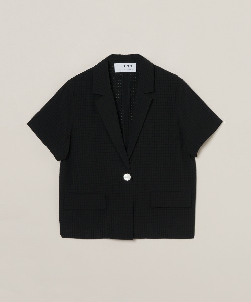 three dots（スリードッツ）の「ヴェールプレイド ショートスリーブジャケット（テーラードジャケット・レディース・ブラック/オフホワイト/ブルー・SMALL）」の2枚目の写真