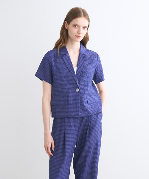 three dots（スリードッツ）の「ヴェールプレイド ショートスリーブジャケット（テーラードジャケット・レディース・ブラック/オフホワイト/ブルー・SMALL）」の11枚目の写真