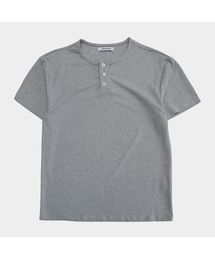 ベーシックコットンワッフルスナップポイントヘンリーネックセミオーバーフィット半袖Tシャツ_3COLOR