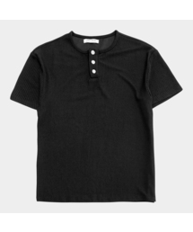 ベーシックコットンワッフルスナップポイントヘンリーネックセミオーバーフィット半袖Tシャツ_3COLOR
