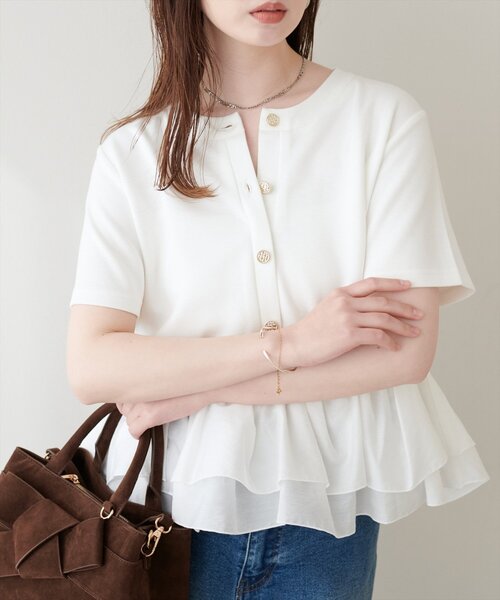 natural couture(ナチュラルクチュール)の「ソフトダンボールドッキングペプラムTOPS(Tシャツ/カットソー・レディース・オフホワイト/ブラウン/ブラック/ネイビー・FREE)」の2枚目の写真