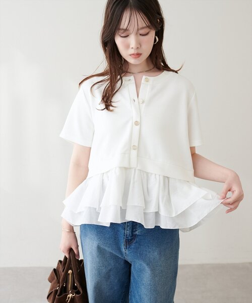 natural couture(ナチュラルクチュール)の「ソフトダンボールドッキングペプラムTOPS(Tシャツ/カットソー・レディース・オフホワイト/ブラウン/ブラック/ネイビー・FREE)」の8枚目の写真