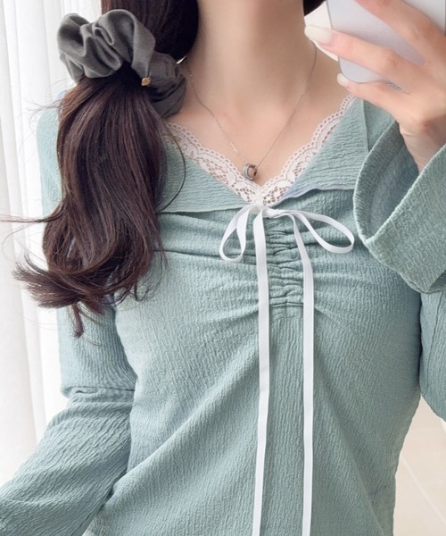 mily bilet(ミウィビレット)の「【mily bilet】レースとリボンで秋冬の装いを甘く更新。ふくれシャーリングレース(長袖)(Tシャツ/カットソー・レディース・ブルー/アイボリー/ブラウン/ブラック・LARGE/SMALL/MEDIUM/X-LARGE)」の4枚目の写真
