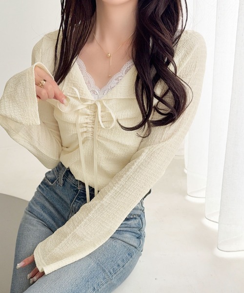 mily bilet(ミウィビレット)の「【mily bilet】レースとリボンで秋冬の装いを甘く更新。ふくれシャーリングレース(長袖)(Tシャツ/カットソー・レディース・ブルー/アイボリー/ブラウン/ブラック・LARGE/SMALL/MEDIUM/X-LARGE)」の9枚目の写真