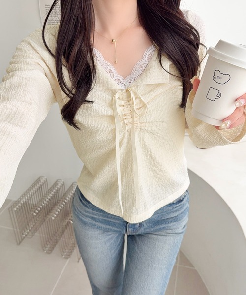 mily bilet(ミウィビレット)の「【mily bilet】レースとリボンで秋冬の装いを甘く更新。ふくれシャーリングレース(長袖)(Tシャツ/カットソー・レディース・ブルー/アイボリー/ブラウン/ブラック・LARGE/SMALL/MEDIUM/X-LARGE)」の15枚目の写真