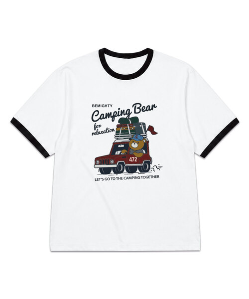 BEMIGHTY(ビーマイティー)の「キャンピングベアオーバーサイズリンガー半袖Tシャツ(Tシャツ/カットソー・メンズ・ホワイト/ブラック・LARGE/X-LARGE/XX-LARGE)」の1枚目の写真