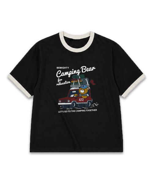 BEMIGHTY(ビーマイティー)の「キャンピングベアオーバーサイズリンガー半袖Tシャツ(Tシャツ/カットソー・メンズ・ホワイト/ブラック・LARGE/X-LARGE/XX-LARGE)」の2枚目の写真