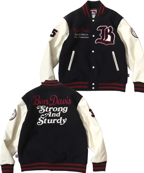 BEN DAVIS(ベンデイビス)の「BEN DAVIS/ベンデイビス BD STADIUM JACKET/オーバーサイズ フェイクメルトン フェイクレザースリーブ ワッペン刺繍 スタジアムジャケット/スタジャン/中綿ジャケット/レディース メンズ(スタジャン・メンズ・ブラック×ホワイト/ブラック×ブラック・M/XL/L)」の1枚目の写真