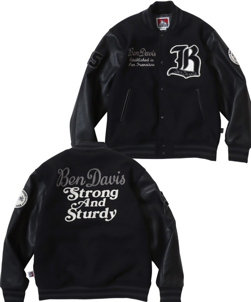 BEN DAVIS(ベンデイビス)の「BEN DAVIS/ベンデイビス BD STADIUM JACKET/オーバーサイズ フェイクメルトン フェイクレザースリーブ ワッペン刺繍 スタジアムジャケット/スタジャン/中綿ジャケット/レディース メンズ(スタジャン・メンズ・ブラック×ホワイト/ブラック×ブラック・M/XL/L)」の2枚目の写真