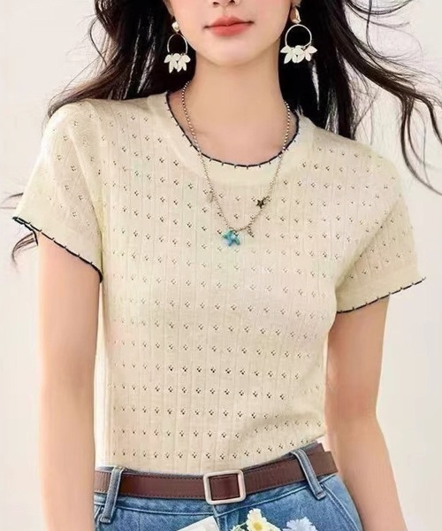 shoppinggo(ショッピングゴー)の「夏服Tシャツ レディース クールネック 半袖Tシャツ 無地 シンプル カットソー(Tシャツ/カットソー・レディース・ホワイト/ブラック/ベージュ・FREE)」の3枚目の写真
