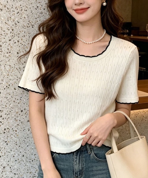 shoppinggo(ショッピングゴー)の「夏服Tシャツ レディース クールネック 半袖Tシャツ 無地 シンプル カットソー(Tシャツ/カットソー・レディース・ホワイト/ブラック/ベージュ・FREE)」の5枚目の写真