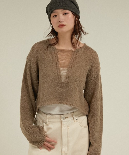 LA PEAU DE GEM(ラポドゥジェム)の「ブークレニットプルオーバー / 【 LA PEAU DE GEM 】 boucle knit pullover(ニット/セーター・レディース・ブラック/グレイッシュベージュ・FREE)」の1枚目の写真