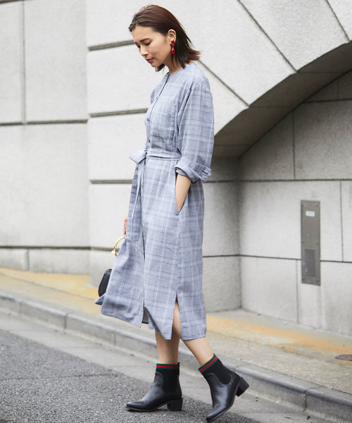 Nostalgia アンドドットノスタルジア の グレンチェック柄ノーカラーシャツワンピース ワンピース Wear